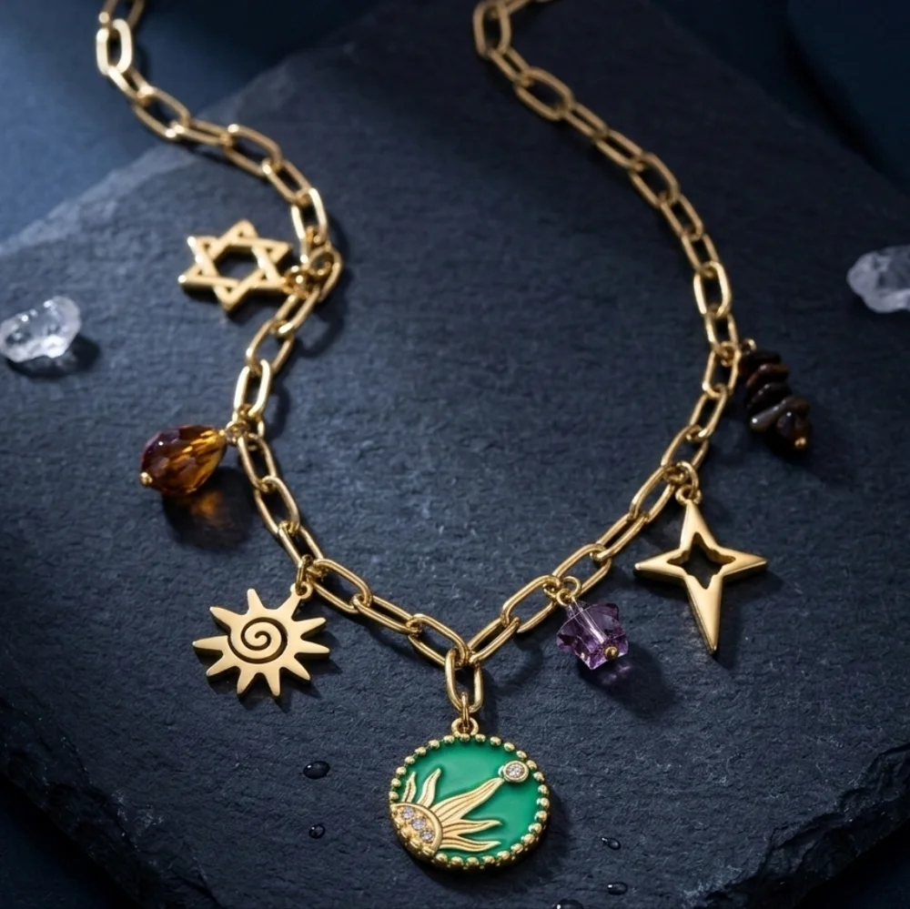 18K Gold Plated Boho Celestial Sun Star Charm Necklace 316L Stainless Steel